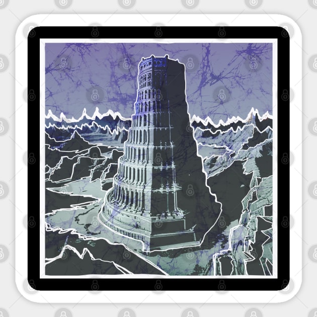 Tower of Babel batik style landscape Sticker by Aurora X